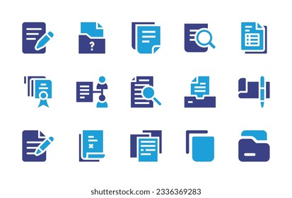 Sammlung von Dokumentationssymbolen. Duotonfarbe. Vektorgrafik. Enthält Schreiben, Frage, Datei, Datentabelle, Dokument, Teamwork, Informationen, Archiv, Scheck, Notizen, Kopieren, Ordner.