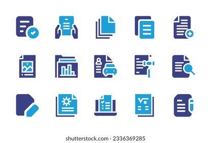 Sammlung von Dokumentationssymbolen. Duotonfarbe. Vektorgrafik. Enthält Dokument, Lesen, Dokumente, fügen Sie Dokument, Bild, Ordner, Rechtsdokument, Vorschau, Datei, Dokumente, Online-Lernen.