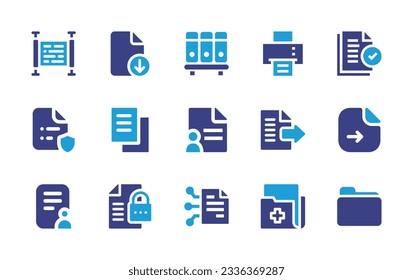 Sammlung von Dokumentationssymbolen. Duotonfarbe. Vektorgrafik. Enthält Dokumente, Druckmaschinen, Dokumente, Datei, Bericht, Profil Benutzer, Schloss, Smart Contracts, medizinische Aufzeichnungen.