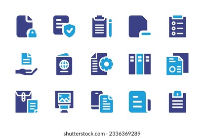 Sammlung von Dokumentationssymbolen. Duotonfarbe. Vektorgrafik. Einschließlich gesperrt, Versicherung, Dokument, Datei, Aufgabe, Informationen, Pass.