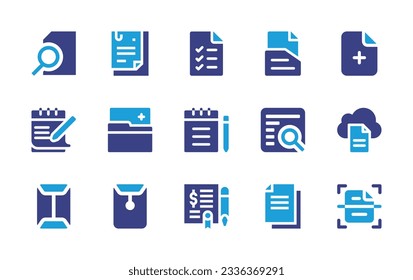 Sammlung von Dokumentationssymbolen. Duotonfarbe. Vektorgrafik. Enthält Suche, Dokumente, Liste, Datei, Hinzufügen, Dokument, Überprüfung, Cloud, Umschlag, Dossier, Vereinbarung, Kopie, Scan.