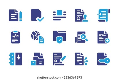 Sammlung von Dokumentationssymbolen. Duotonfarbe. Vektorgrafik. Enthält Dokument, Datei, genehmigtes, neues Dokument, Smart Contract, Verschlüsselung.