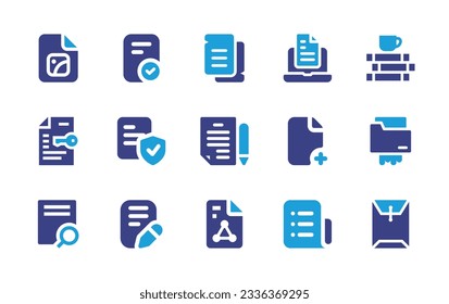 Sammlung von Dokumentationssymbolen. Duotonfarbe. Vektorgrafik. Enthält Bild, genehmigt, Dokument, Dokumente, Versicherung, Datei, Hinzufügen, Suchdatei, Schreiben.