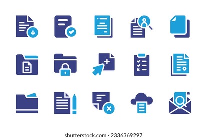 Sammlung von Dokumentationssymbolen. Duotonfarbe. Vektorgrafik. Enthält Datei, registriertes Dokument, Briefkopf, Jobsuche, Dokument, Ordner, neues Dokument, Checkliste, Stornierung.