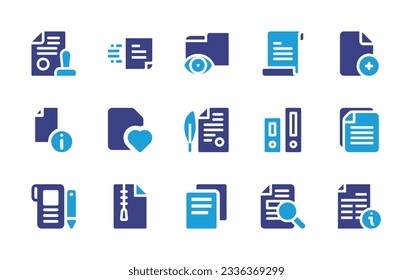 Sammlung von Dokumentationssymbolen. Duotonfarbe. Vektorgrafik. Enthält Genehmigung, Dokument, Ordner, Datei, Archiv, Zip-Datei, Strafregister, Infos.