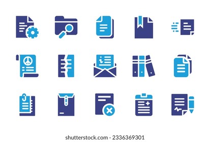 Sammlung von Dokumentationssymbolen. Duotonfarbe. Vektorgrafik. Enthält Datei, Ordner, Dokument, Ordner, Ordner, kopieren, löschen Dokument, Patient.