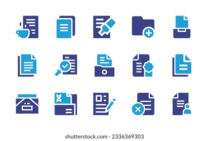 Sammlung von Dokumentationssymbolen. Duotonfarbe. Vektorgrafik. Dokument, Kopie, Hinzufügen, Datei, Qualitätskontrolle, Dokumente, Formular enthalten.
