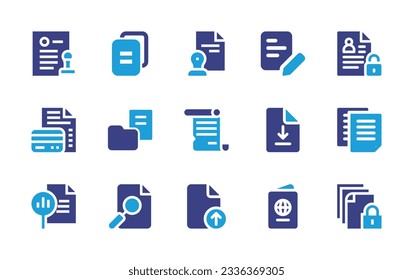 Sammlung von Dokumentationssymbolen. Duotonfarbe. Vektorgrafik. Enthält Dokumente, Dokumente, Papier, persönliche Daten, Download, Bericht, Datei.