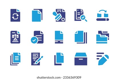 Sammlung von Dokumentationssymbolen. Duotonfarbe. Vektorgrafik. Enthält Auffrischung, Dokumente, Vertrag, Dokument, legal, Datei, Papiere, Papier, Datensatz, Bleistift.