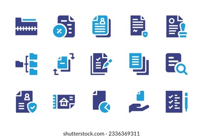 Sammlung von Dokumentationssymbolen. Duotonfarbe. Vektorgrafik. Mit Reißverschluss, Steuern, persönlichen Daten, Dokument, offizielle Dokumente, Änderung, Vertrag, Papier, Profil, Vorbereitung.