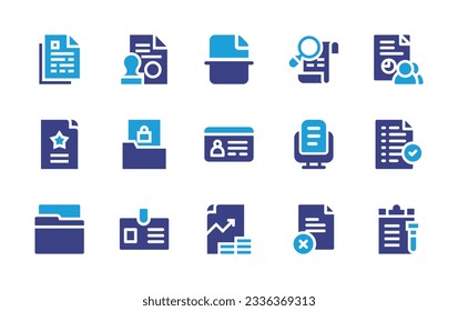 Sammlung von Dokumentationssymbolen. Duotonfarbe. Vektorgrafik. Enthält Dokument, Stempel, Datei, Führerschein, Ergebnis, Ordner, ID, Analyse, Fehler.