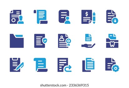 Sammlung von Dokumentationssymbolen. Duotonfarbe. Vektorgrafik. Dokument, Formular, Angebotsanfrage, Download-Datei, Rechtsdokument, beglaubigt, Informationen, Dokumente.