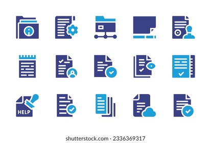 Sammlung von Dokumentationssymbolen. Duotonfarbe. Vektorgrafik. Enthält Ordner, Auftragsbeschreibung, Dokument, leere Seite, Stempel, Notiz, Bewertung, Datei, Audit.