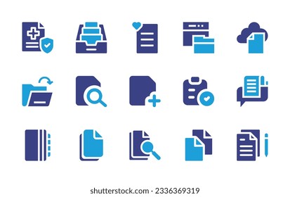 Sammlung von Dokumentationssymbolen. Duotonfarbe. Vektorgrafik. Enthält Krankenversicherung, Ordner, Dokument, Dokumentation, öffnen, Datei, Notizen.