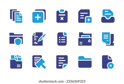 Documentation icon collection. Duotone color. Vector illustration. Containing documents, new page, wrong, add document, archive, document, contract, regulation.