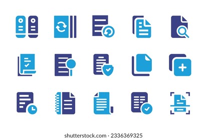 Sammlung von Dokumentationssymbolen. Duotonfarbe. Vektorgrafik. Enthält Archiv, recyceltes Papier, Dokument, Dokumente, Analyse, Datenschutzrichtlinie, Dateien, Kopie, Uhr, Datei, Akzeptieren, Scannen.