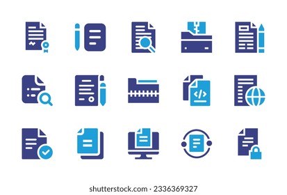 Sammlung von Dokumentationssymbolen. Duotonfarbe. Vektorgrafik. Enthält Dokument, Zip-Datei, Datei, Vertrag, Computer.