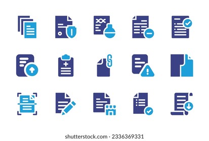 Sammlung von Dokumentationssymbolen. Duotonfarbe. Vektorgrafik. Dokument enthalten, löschen, Prüfung, Datei-Upload, Verschreibung, Datei, Papier, Scanner, Checkliste.