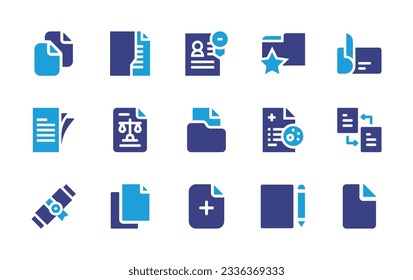 Sammlung von Dokumentationssymbolen. Duotonfarbe. Vektorgrafik. Enthält Dokument, Ordner, Papier, Legal, Transfer, neues Dokument, Datei.
