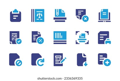 Sammlung von Dokumentationssymbolen. Duotonfarbe. Vektorgrafik. Enthält Dokument, legales Dokument, Zip-Datei, Abbrechen, Laptop, Datei, Scan, Download, Add.