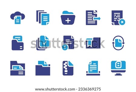 Documentation icon collection. Duotone color. Vector illustration. Containing cloud, data, add, send, file, document, version, alert, folder, recycling paper, zip file, submit.