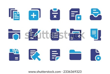 Documentation icon collection. Duotone color. Vector illustration. Containing documents, new page, wrong, add document, archive, document, contract, regulation.