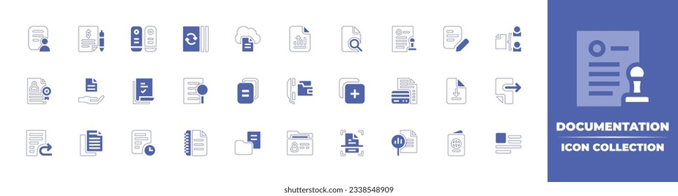 Documentation icon collection. Duotone style line stroke and bold. Vector illustration. Containing form, quote request, archive, recycled paper, document, paper, certified, information, and more.