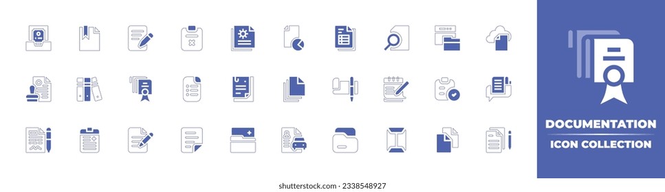 Documentation icon collection. Duotone style line stroke and bold. Vector illustration. Containing document, writing, wrong, documents, data table, search, documentation, approve, folders, and more.