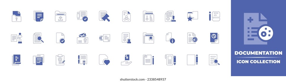 Colección de iconos de documentación. Curso de línea de estilo duotónico y negrita. Ilustración vectorial. Contiene preguntas, archivos, carpetas, aprobación, regulación, documento, trabajo en equipo, información, verificación y más.