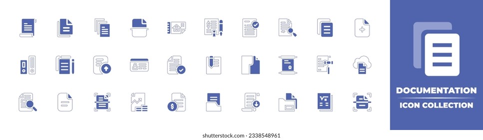Documentation icon collection. Duotone style line stroke and bold. Vector illustration. Containing document, documents, file, agreement, exam, add, archive, file upload, driving license, and more.