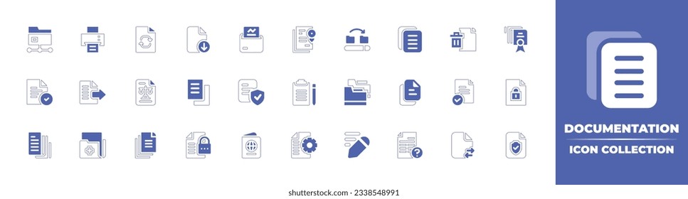 Documentation icon collection. Duotone style line stroke and bold. Vector illustration. Containing document, printing machine, refresh, legal document, copy, delete file, file, legal, and more.