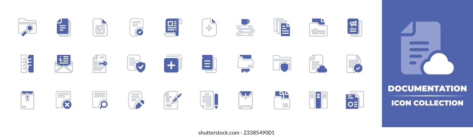 Colección de iconos de documentación. Curso de línea de estilo duotónico y negrita. Ilustración vectorial. Contiene carpeta, archivo, imagen, aprobado, documento, documentos nuevos, documentos, seguros, página nueva y más.