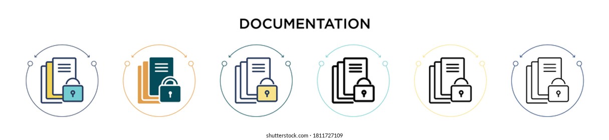 Documentation icon in filled, thin line, outline and stroke style. Vector illustration of two colored and black documentation vector icons designs can be used for mobile, ui, web