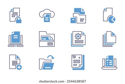 Conjunto de ícones Documentação. Estilo de linha em negrito. Cores duotônicas. Traçado editável. arquivo, documento, pasta, papéis, aprendizado on-line, documentos.
