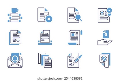 Conjunto de ícones Documentação. Estilo de linha em negrito. Cores duotônicas. Curso editável. documento, plágio, documento legal, arquivo, contrato, documentos, informações, pergunta.