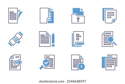 Conjunto de ícones Documentação. Estilo de linha em negrito. Cores duotônicas. Traçado editável. documento, excluir, enviar, documentos, pergunta, notas, informações, arquivo, arquivos.