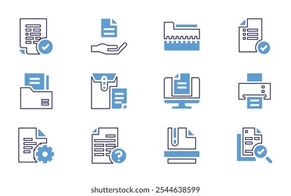 Documentation icon set. Bold line style. Duotone colors. Editable stroke. checklist, printing machine, document, zip file, computer, laptop, add file, cloud, open.