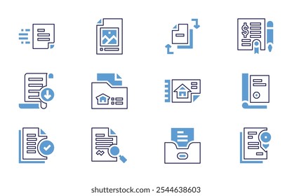 Documentation icon set. Bold line style. Duotone colors. Editable stroke. analytics, document, appraisal, agreement, change, legal document, documents.