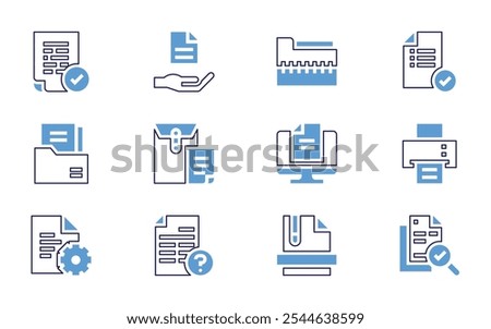 Documentation icon set. Bold line style. Duotone colors. Editable stroke. checklist, printing machine, document, zip file, computer, laptop, add file, cloud, open.