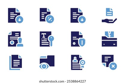 Conjunto de iconos de documentación. Estilo audaz. Duotone colores. archivo, documento, carpeta, certificado, información, archivo zip, cancelar.