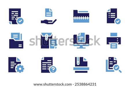 Documentation icon set. Bold style. Duotone colors. file, checklist, printing machine, document, zip file, computer, documents, information, question.