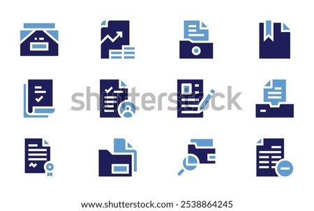 Documentation icon set. Bold style. Duotone colors. analytics, document, archive, delete document, appraisal, documents.