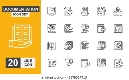 Documentation icon set. Contract, data, page, paper, clipboard and more line icon.