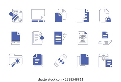 Documentation icon set. Duotone style line stroke and bold. Vector illustration. Containing contract, blank page, document, locked, papers, audit, legal, information, folder, file.