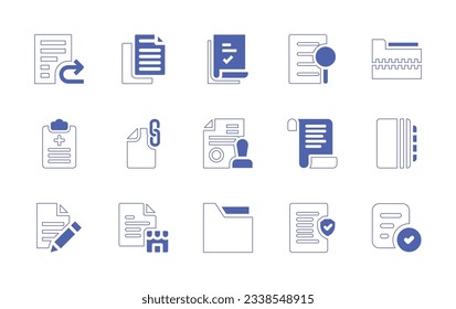 Documentation icon set. Duotone style line stroke and bold. Vector illustration. Containing document, analysis, zip file, prescription, file, legal document.
