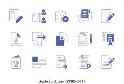 Documentation icon set. Duotone style line stroke and bold. Vector illustration. Containing paper, document, writing, download, send, notes, add document, file.
