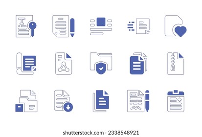 Conjunto de iconos de documentación. Curso de línea de estilo duotónico y negrita. Ilustración vectorial. Conteniendo documento, archivo, documentación, copia, archivo zip, archivo de descarga, acuerdo, paciente.