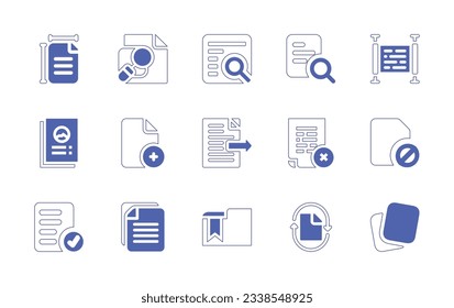 Documentation icon set. Duotone style line stroke and bold. Vector illustration. Containing paper size, search, review, paper, document, send, file, registered document, folder, recycling paper.