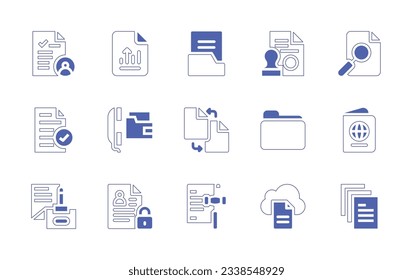 Documentation icon set. Duotone style line stroke and bold. Vector illustration. Containing appraisal, document, stamp, file, replace, passport, personal information, legal document, cloud.