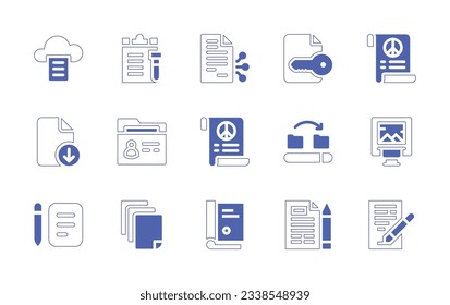 Conjunto de iconos de documentación. Curso de línea de estilo duotónico y negrita. Ilustración vectorial. Contiene documentos, contrato inteligente, cifrado, documentos, papel reciclado, documento legal.